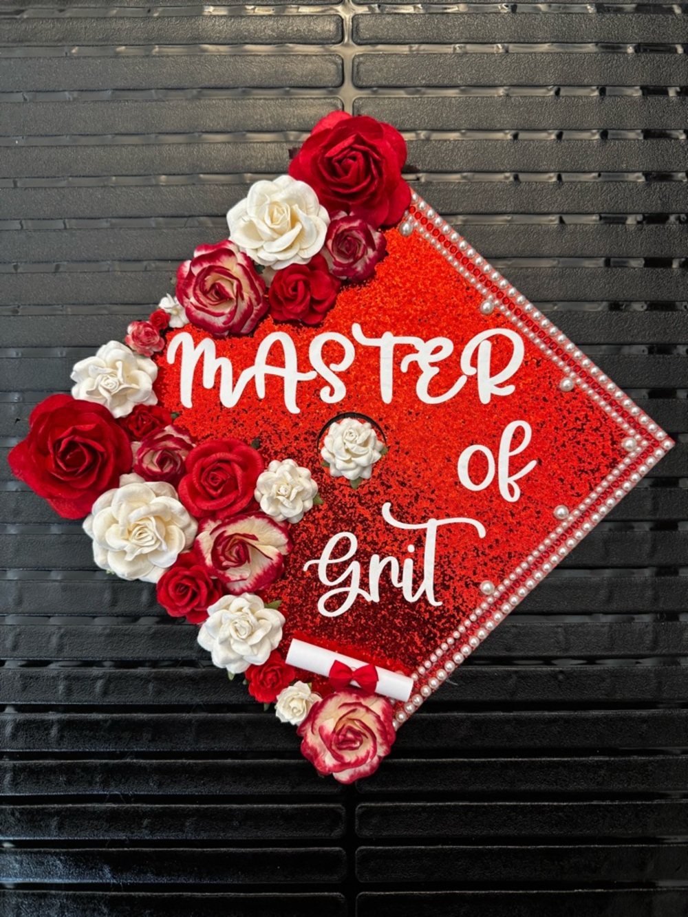 Red Glitter Graduation Cap Topper with Red and White Roses